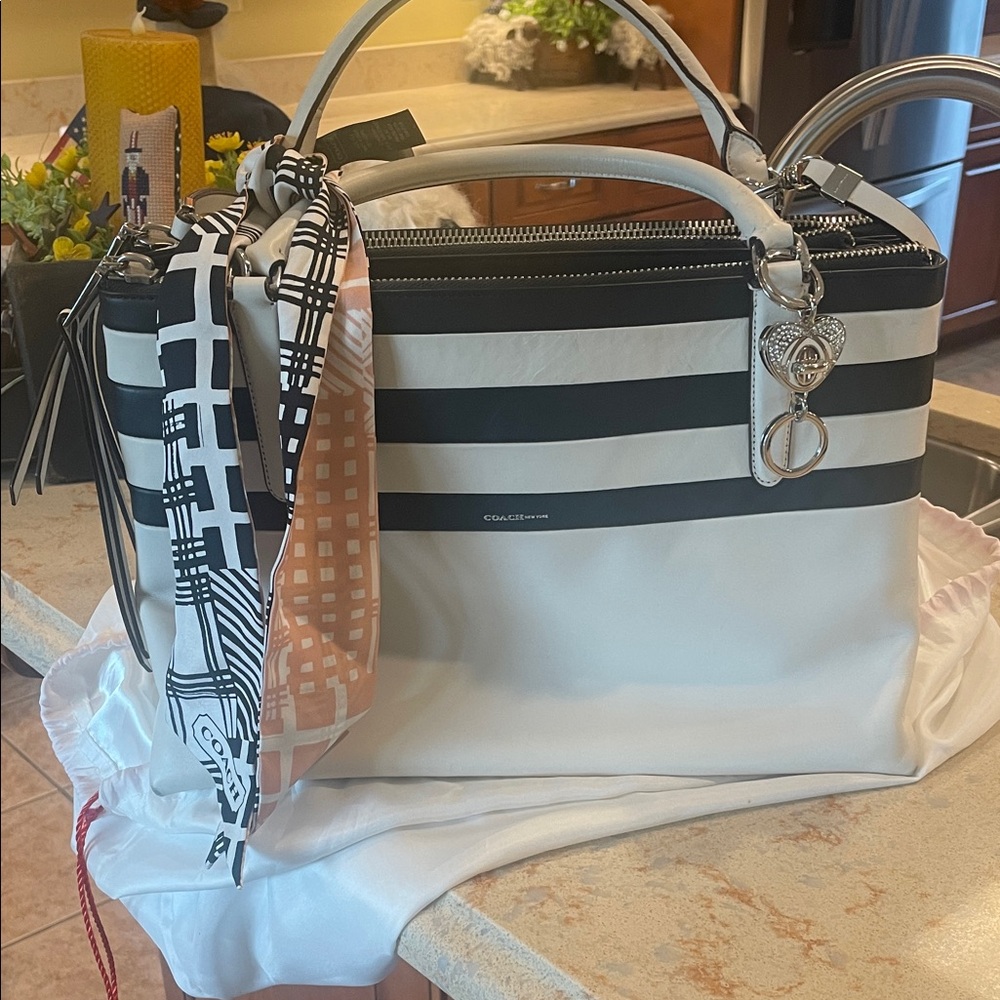Coach Black and White Striped Satchel